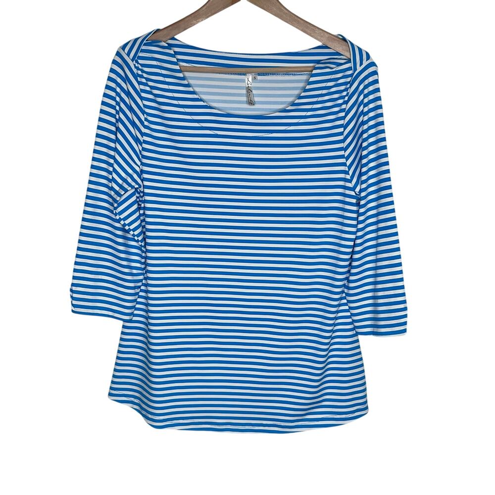 Lulu B Blue White Striped Top Womens Small 3/4 Sleeve Stretch Nautical Coastal
